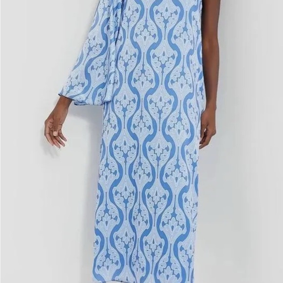 Blue and White Asymmetrical One-Shoulder Sundress - Picture 2 of 5